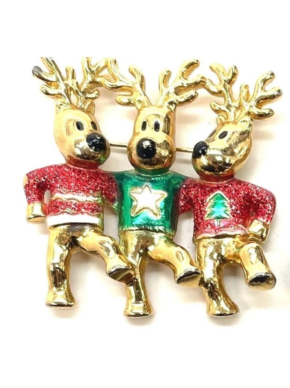 Christmas Dancing Reindeer Brooch Pin Gold Tone Holiday Jewelry 2187